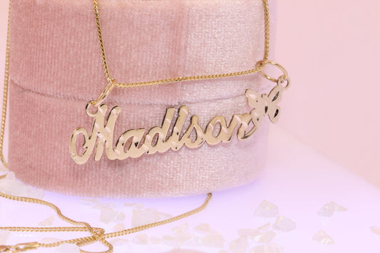 10K or 14K Gold Personalized Name with Butterfly Pendant A
