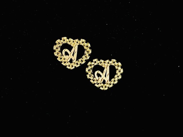 10k Rolex Style Heart Diamond cut Initial Earrings PAIR with Earring Back