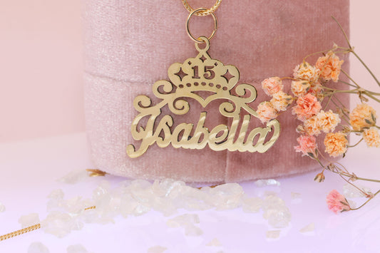 10K 14K Gold Personalized 15 Anos Quinceanera Crown Pendant