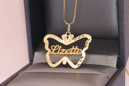 10K or 14K Gold Personalized Name with Butterfly Pendant B
