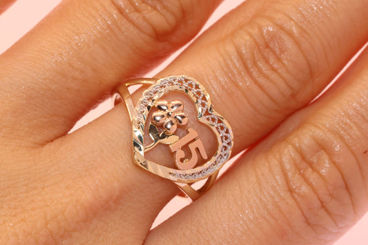 14K Gold 15 Anos Quinceanera Heart Ring M