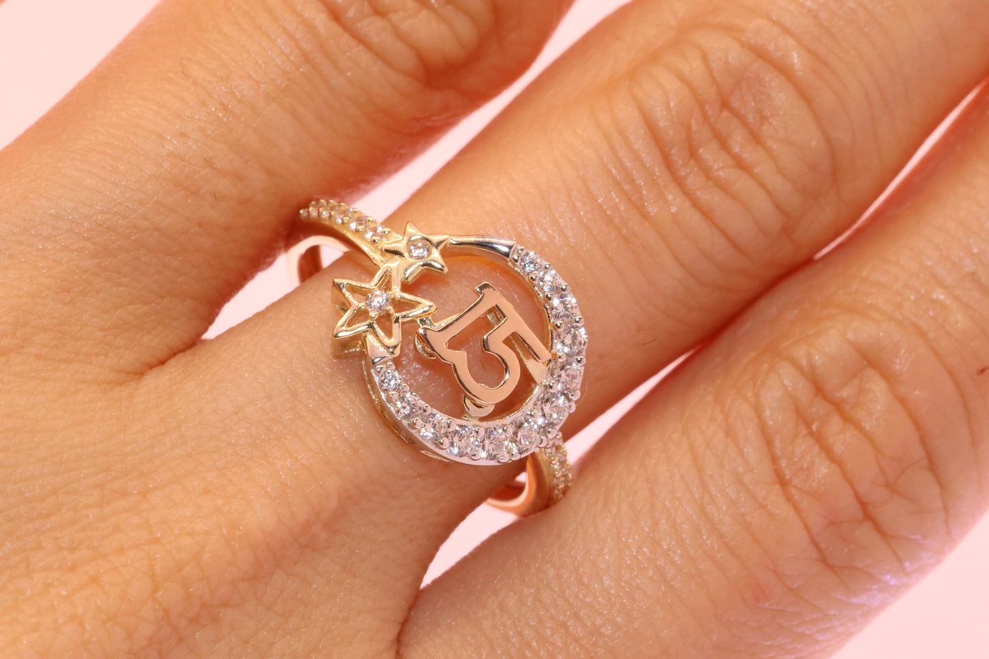 14K Gold 15 Anos Quinceanera Star and Moon Ring B