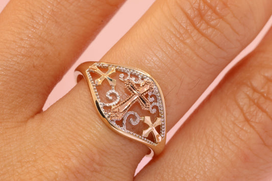 14k Solid Rose Gold Cross Religious Ring