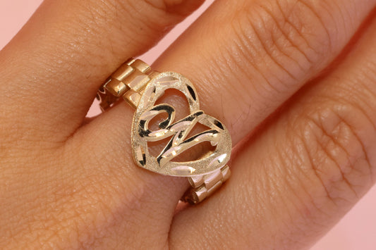 10K Rolex Style Band Initial Personalized Heart Ring B