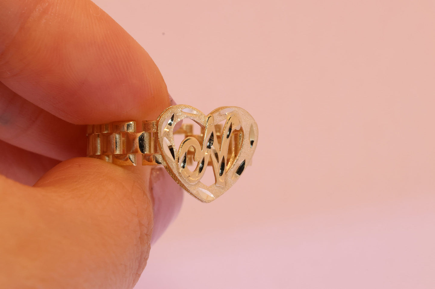 10K Rolex Style Band Initial Personalized Heart Ring B