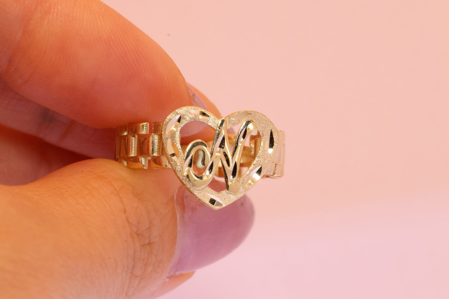 10K Rolex Style Band Initial Personalized Heart Ring B