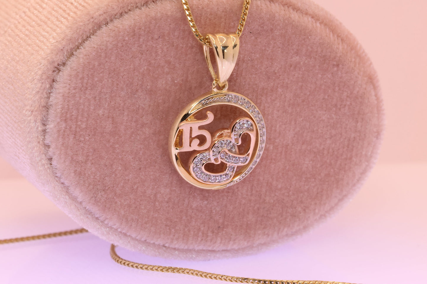 14K Gold 15 Anos Moon and Heart Quinceanera Pendant