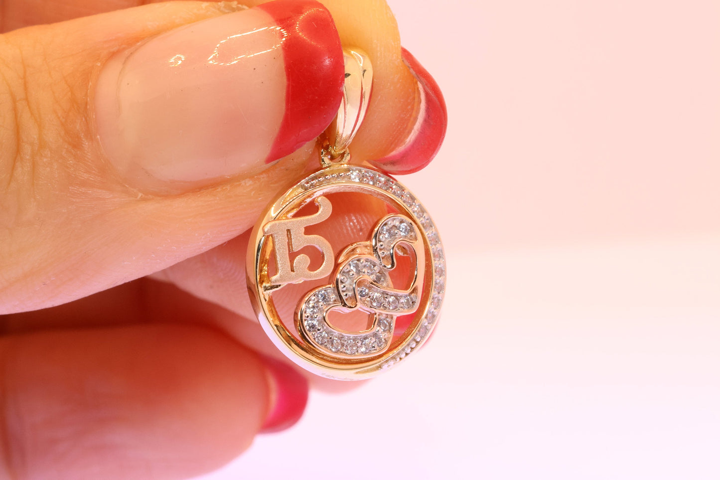 14K Gold 15 Anos Moon and Heart Quinceanera Pendant