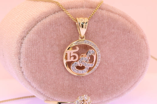 14K Gold 15 Anos Moon and Heart Quinceanera Pendant