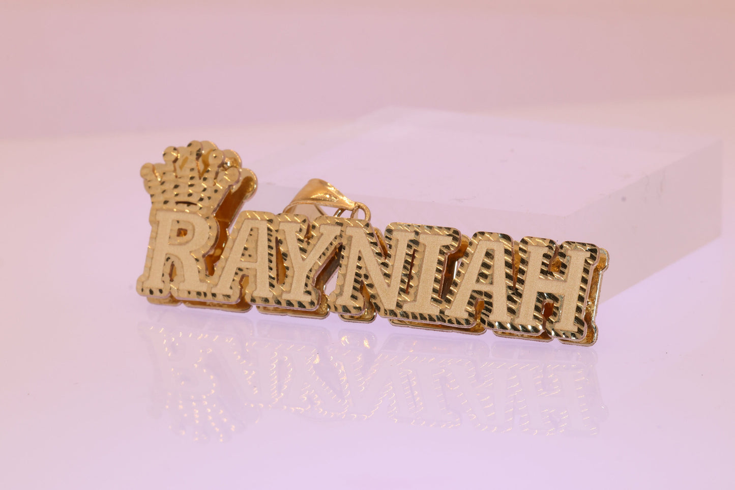 10K or 14K 3D Crown Gold Personalized Double Plate Name Pendant