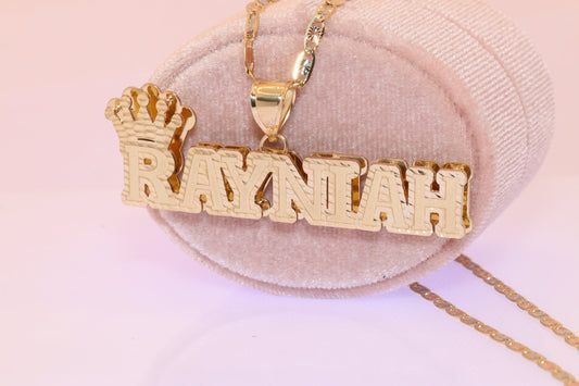 10K or 14K 3D Crown Gold Personalized Double Plate Name Pendant