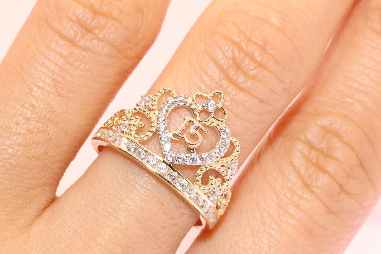 14K Gold 15 Anos Quinceanera Crown Ring E