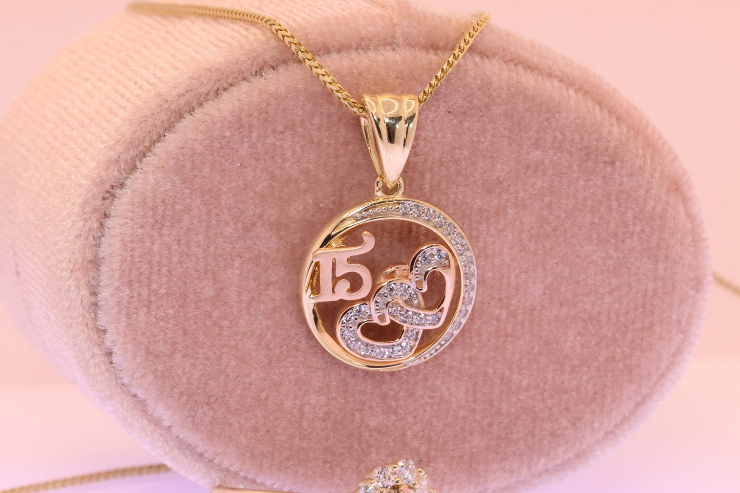 14K Gold 15 Anos Moon and Heart Quinceanera Pendant