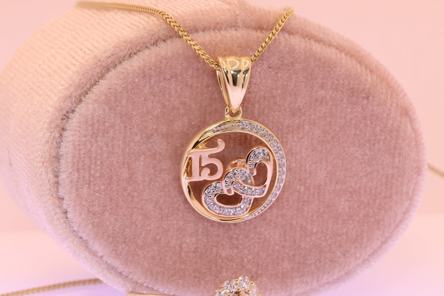 14K Gold 15 Anos Moon and Heart Quinceanera Pendant