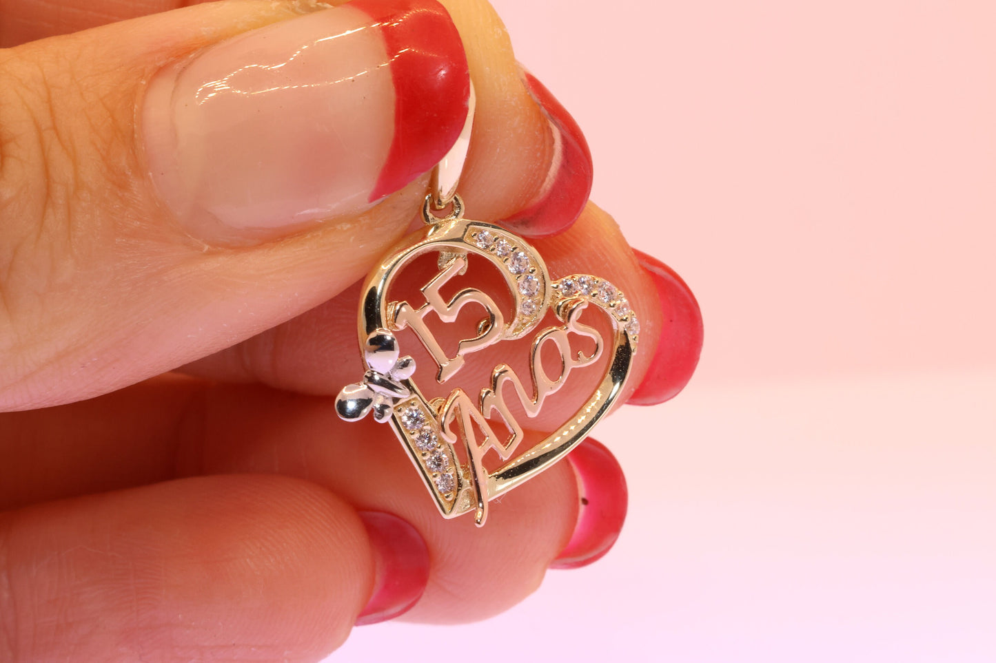 14K Gold 15 Anos Heart Butterfly Quinceanera Pendant