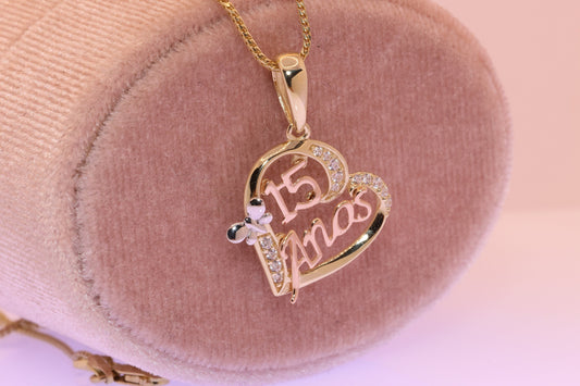 14K Gold 15 Anos Heart Butterfly Quinceanera Pendant