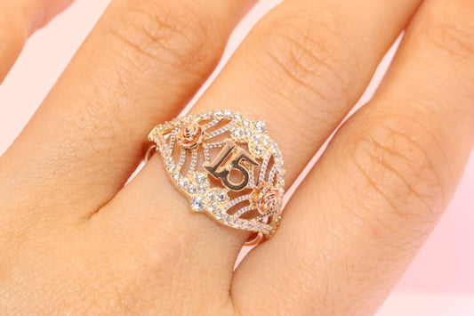 14K Gold 15 Anos Quinceanera Heart Rose Ring B