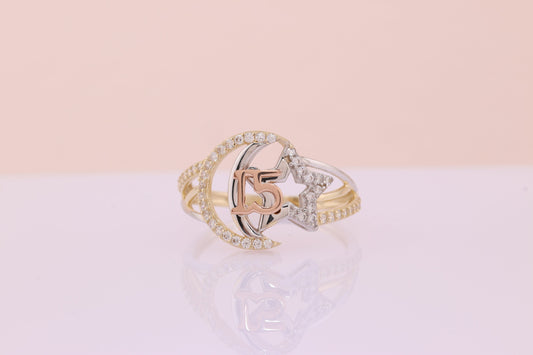 14K Gold 15 Anos Quinceanera Star and Moon Ring A