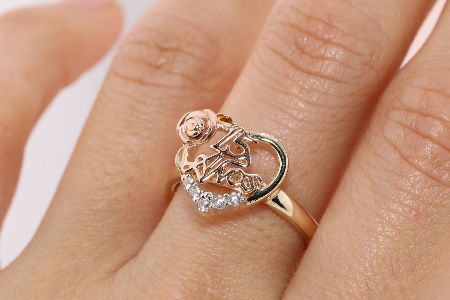 14K Gold 15 Anos Quinceanera Heart Rose Ring A