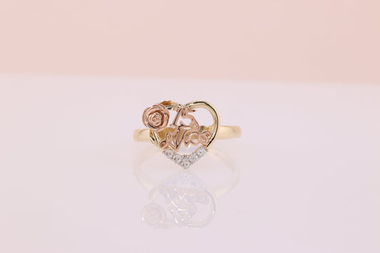 14K Gold 15 Anos Quinceanera Heart Rose Ring A
