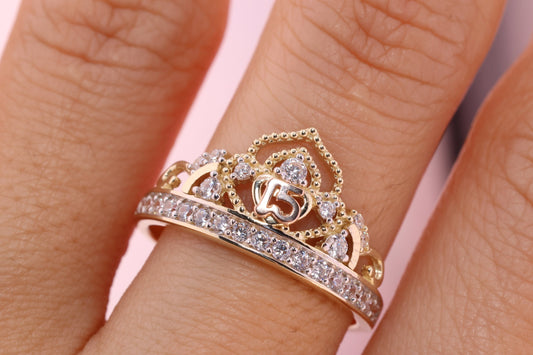 14K Gold 15 Anos Quinceanera Crown Ring V