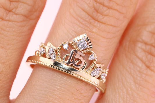 14K Gold 15 Anos Quinceanera Crown Ring T