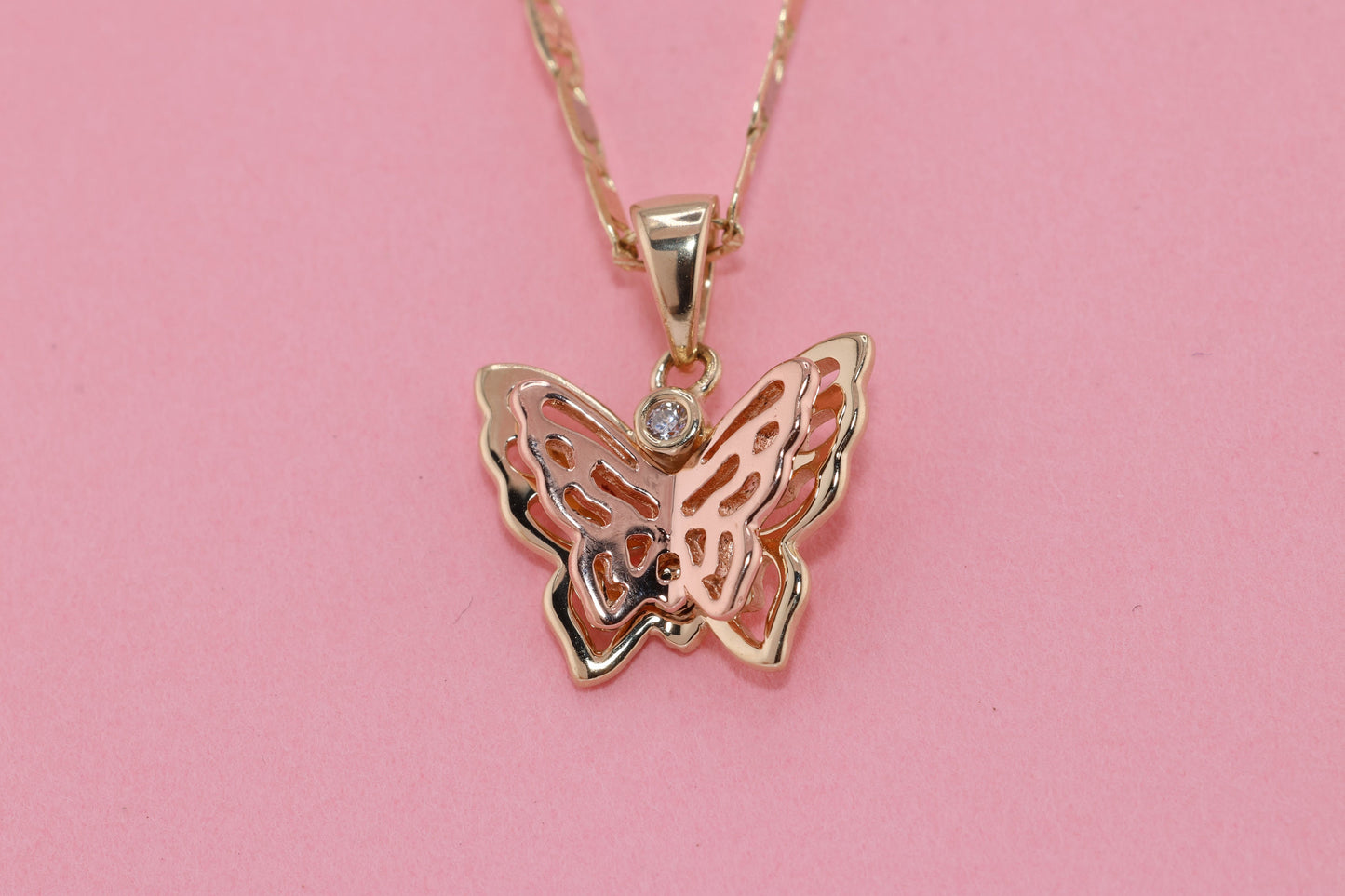 14k Tri Color Cubic Zirconia Butterfly Pendant A