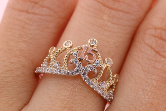 14K Gold 15 Anos Quinceanera Crown Ring W