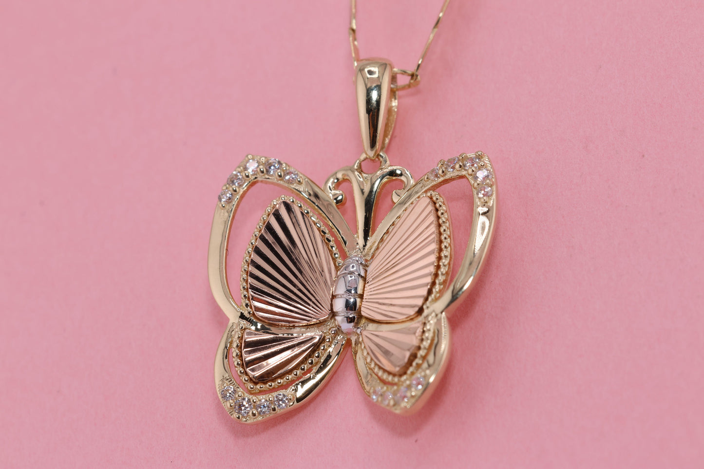 14k Tri Color Cubic Zirconia Butterfly Pendant E