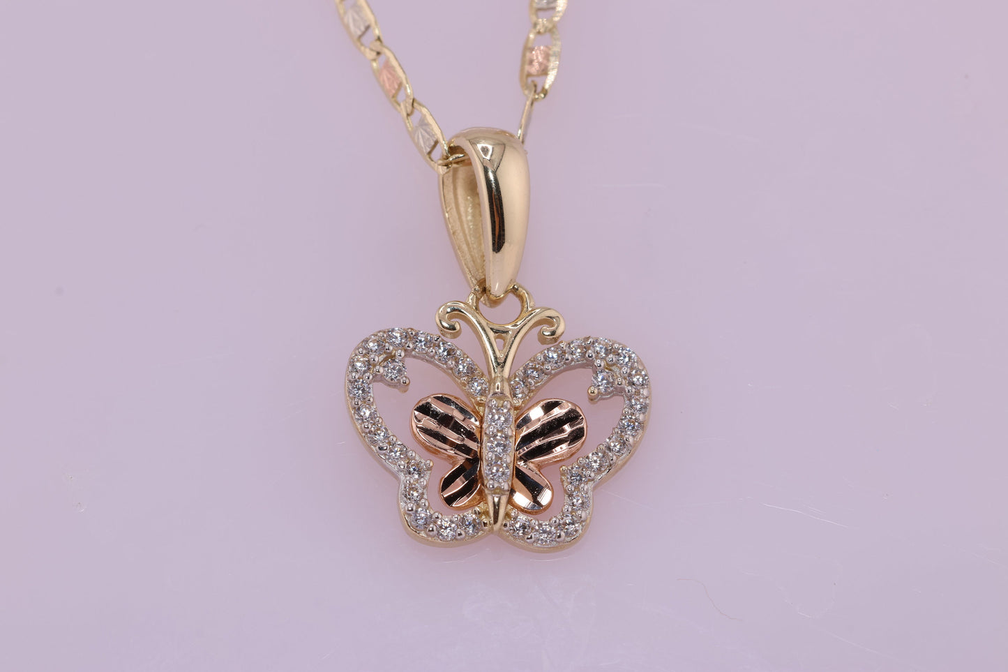 14k Tri Color Cubic Zirconia Butterfly Pendant B