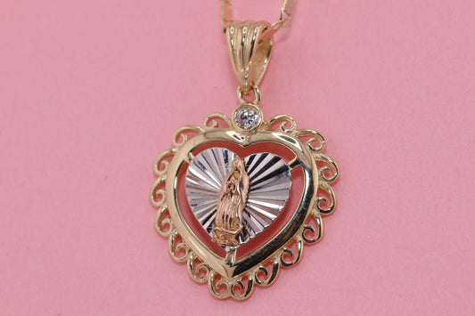 14k Solid Gold Virgin Mary Virgin Maria Lady Guadalupe Heart Pendant G