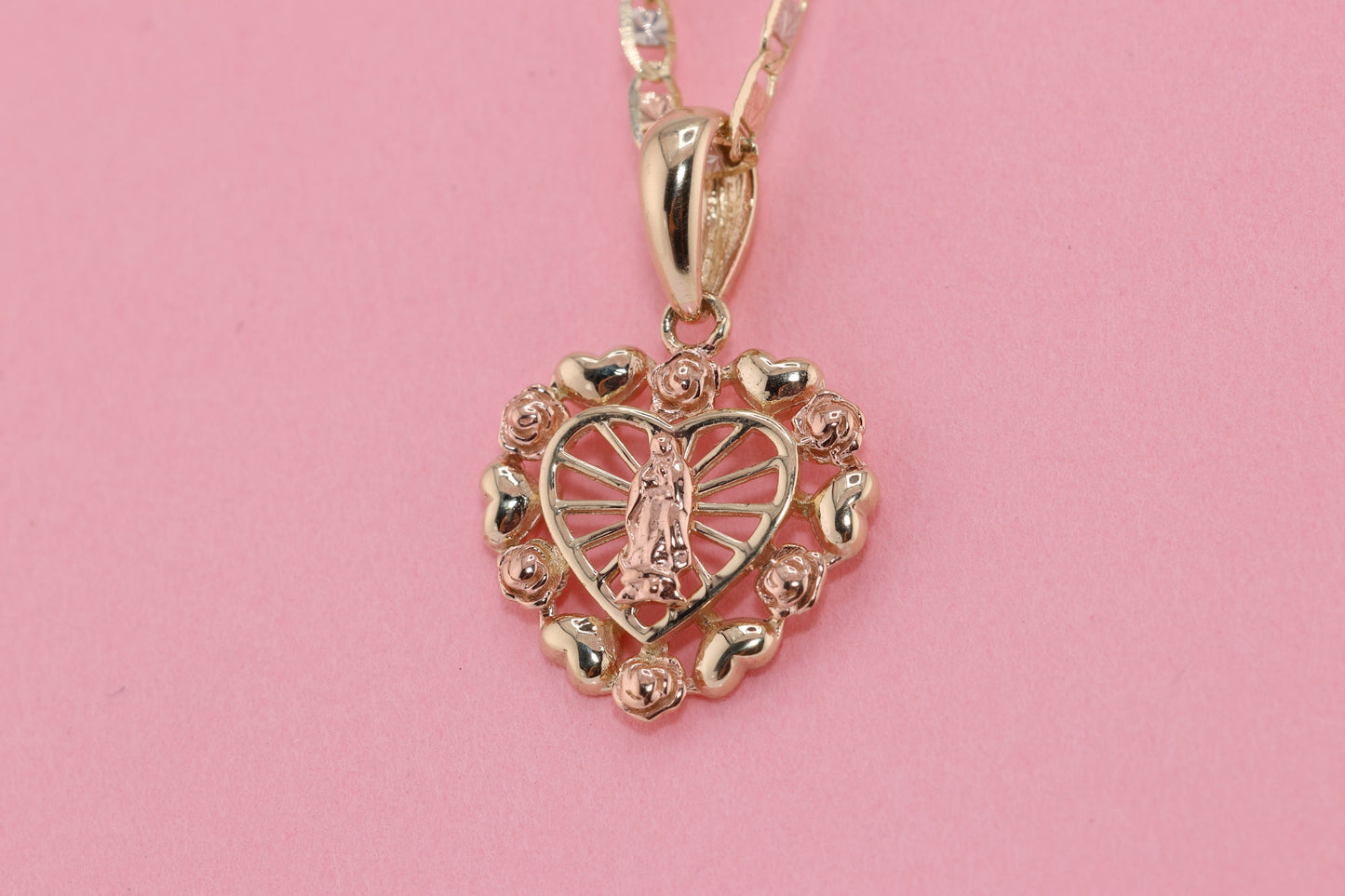 14k Solid Tiny Gold Virgin Mary Virgin Maria Lady Guadalupe Heart Pendant F