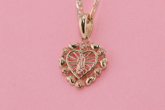 14k Solid Tiny Gold Virgin Mary Virgin Maria Lady Guadalupe Heart Pendant F