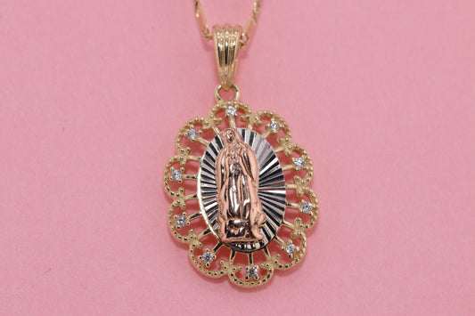 14k Solid Gold Virgin Mary Virgin Maria Lady Guadalupe Heart Pendant D