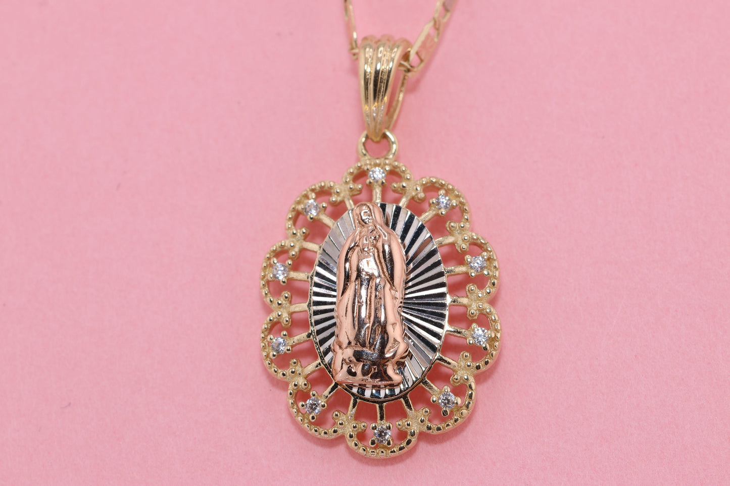 14k Solid Gold Virgin Mary Virgin Maria Lady Guadalupe Heart Pendant D
