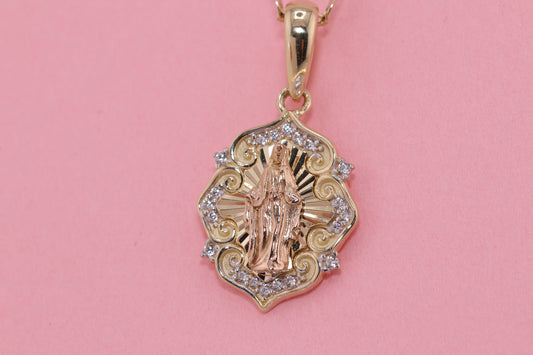 14k Solid Gold Virgin Mary Virgin Maria Lady Guadalupe Heart Pendant B