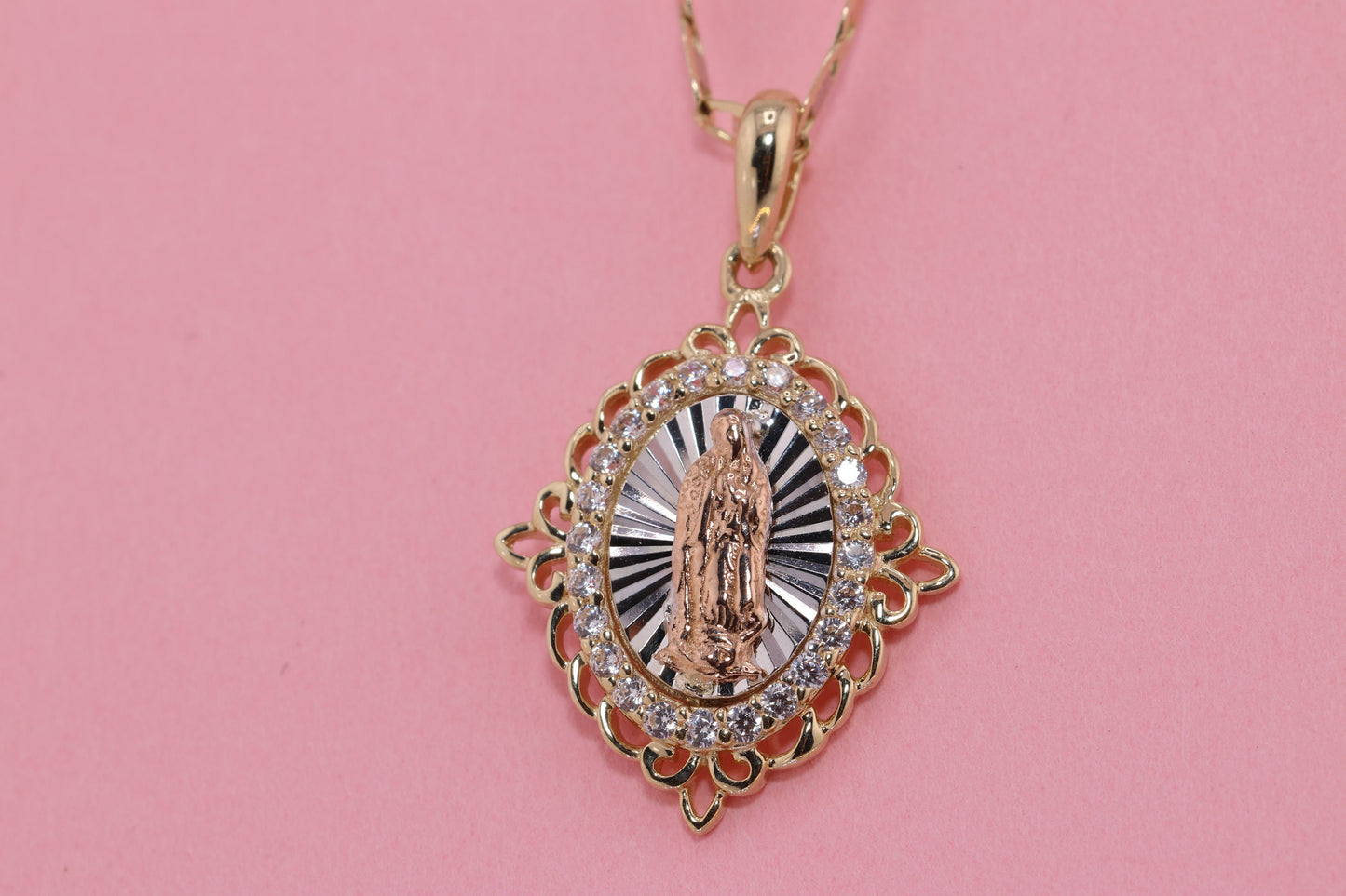 14k Solid Gold Virgin Mary Virgin Maria Lady Guadalupe Heart Pendant A