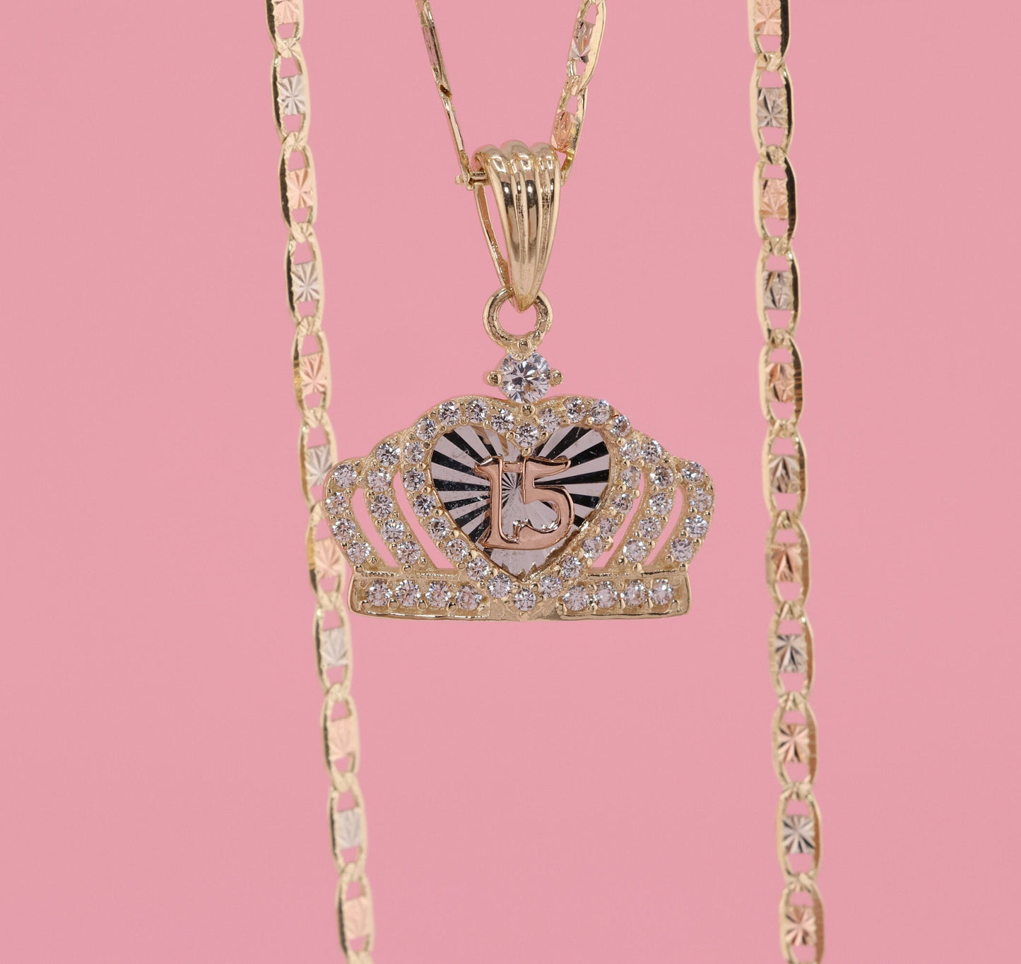 14K Gold Tiny Crown 15 Anos Quinceanera Pendant