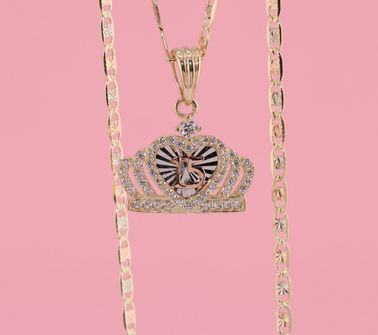 14K Gold Tiny Crown 15 Anos Quinceanera Pendant