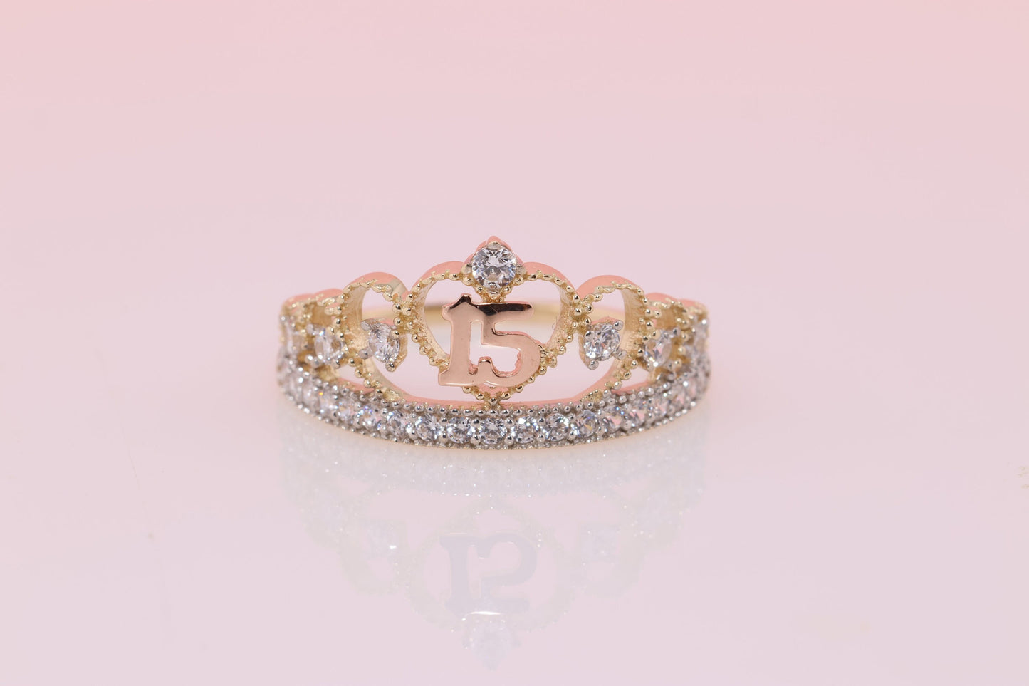14K Gold 15 Anos Quinceanera Crown Ring SS