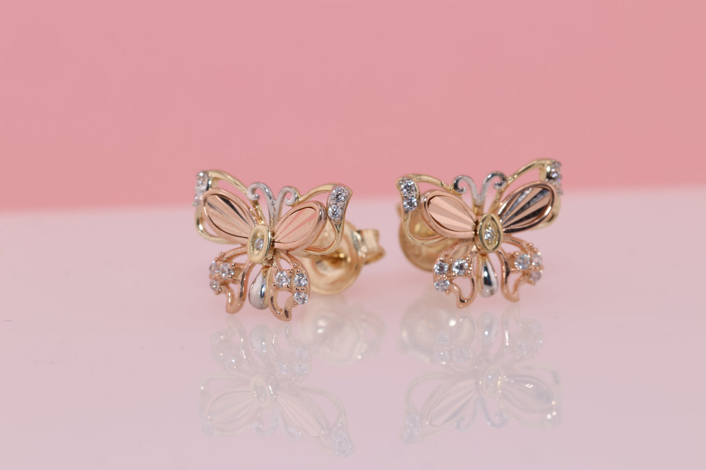 14k Solid Gold Two Tone Color Butterfly Push Back Stud Earrings