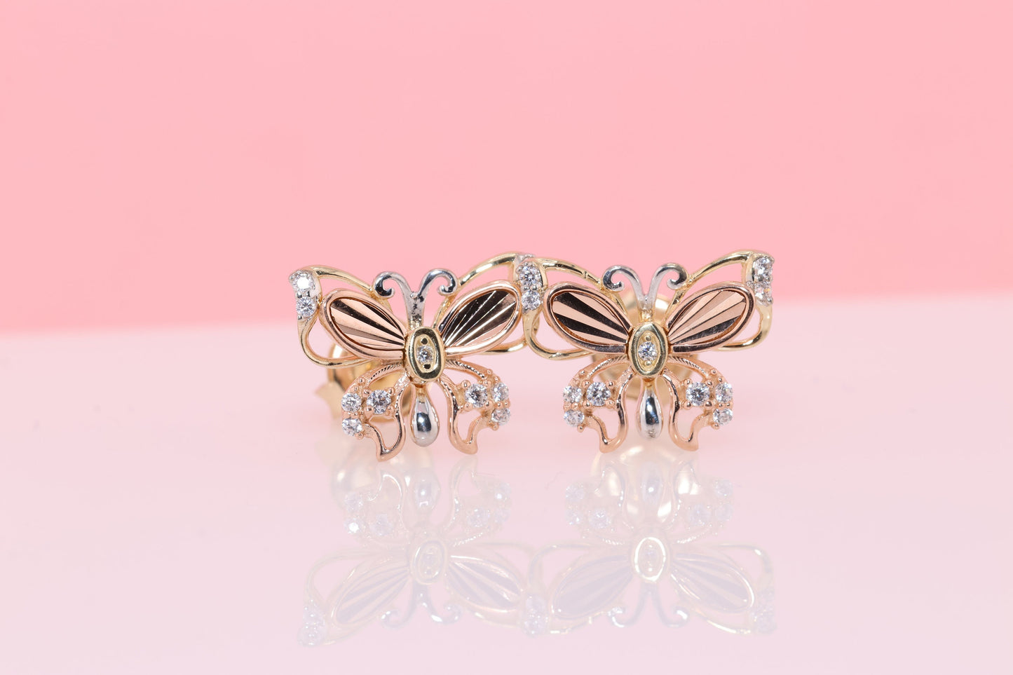 14k Solid Gold Two Tone Color Butterfly Push Back Stud Earrings