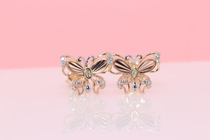 14k Solid Gold Two Tone Color Butterfly Push Back Stud Earrings