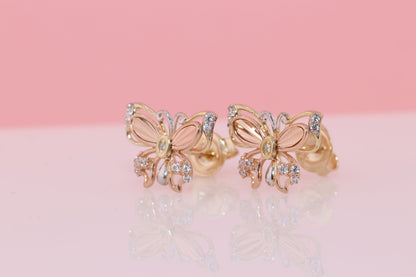 14k Solid Gold Two Tone Color Butterfly Push Back Stud Earrings