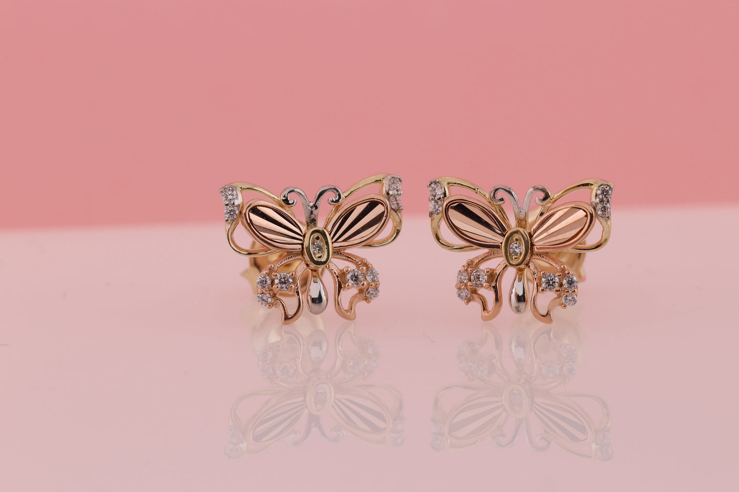 14k Solid Gold Two Tone Color Butterfly Push Back Stud Earrings