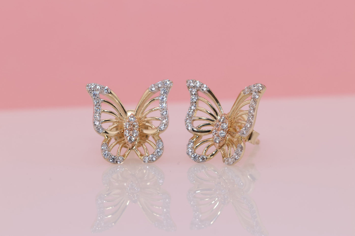 14k Solid Gold Two Tone Color Butterfly Push Back Stud Earrings G