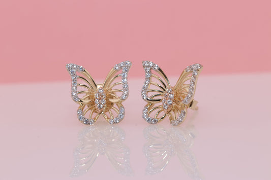 14k Solid Gold Two Tone Color Butterfly Push Back Stud Earrings G