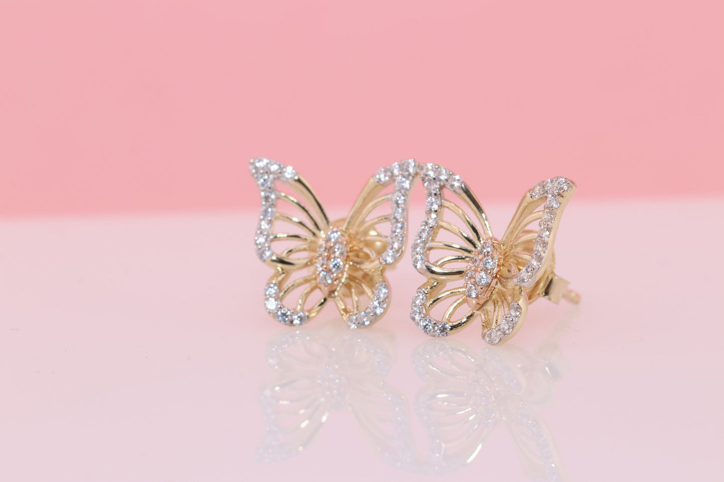 14k Solid Gold Two Tone Color Butterfly Push Back Stud Earrings G