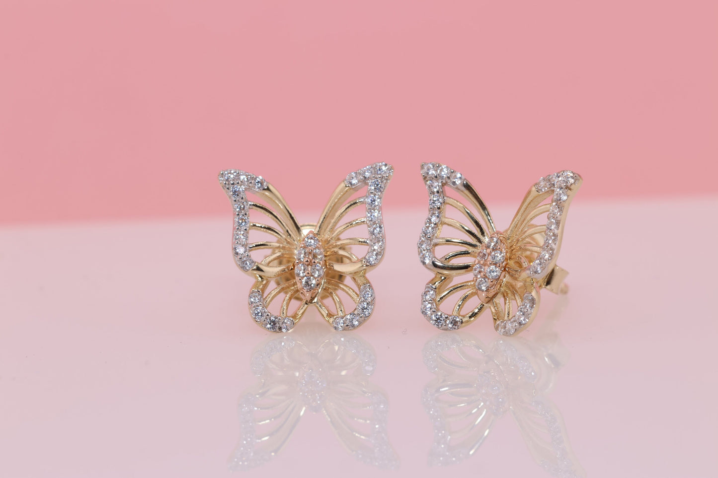 14k Solid Gold Two Tone Color Butterfly Push Back Stud Earrings G
