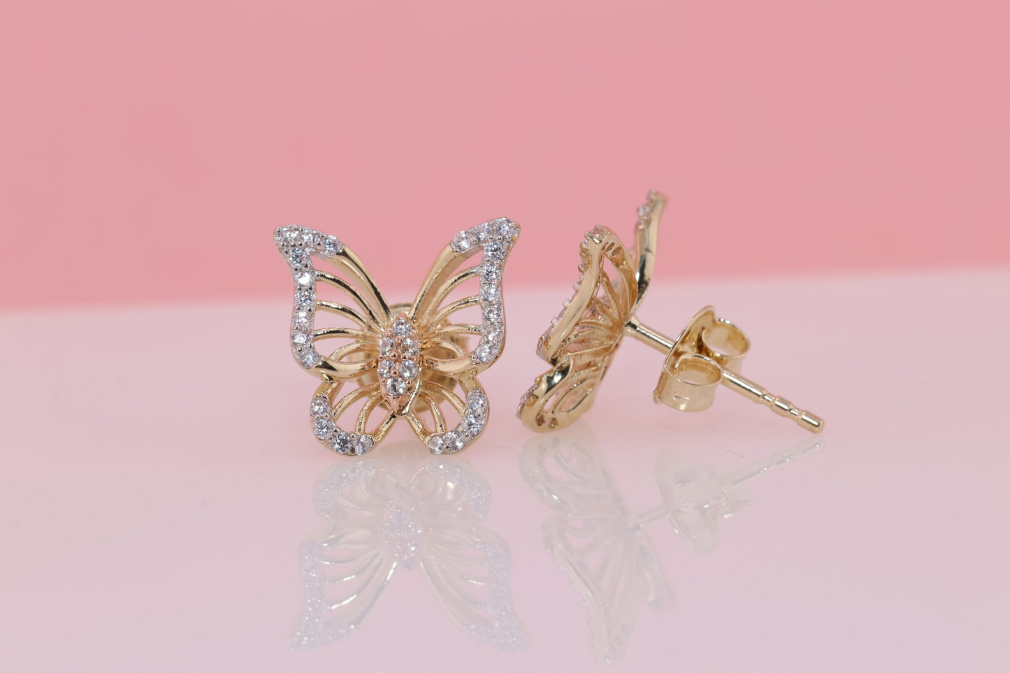 14k Solid Gold Two Tone Color Butterfly Push Back Stud Earrings G